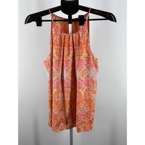 Violet + Claire Womens Orange Pink Paisley Halter Neck Pleated Blouse Size M
